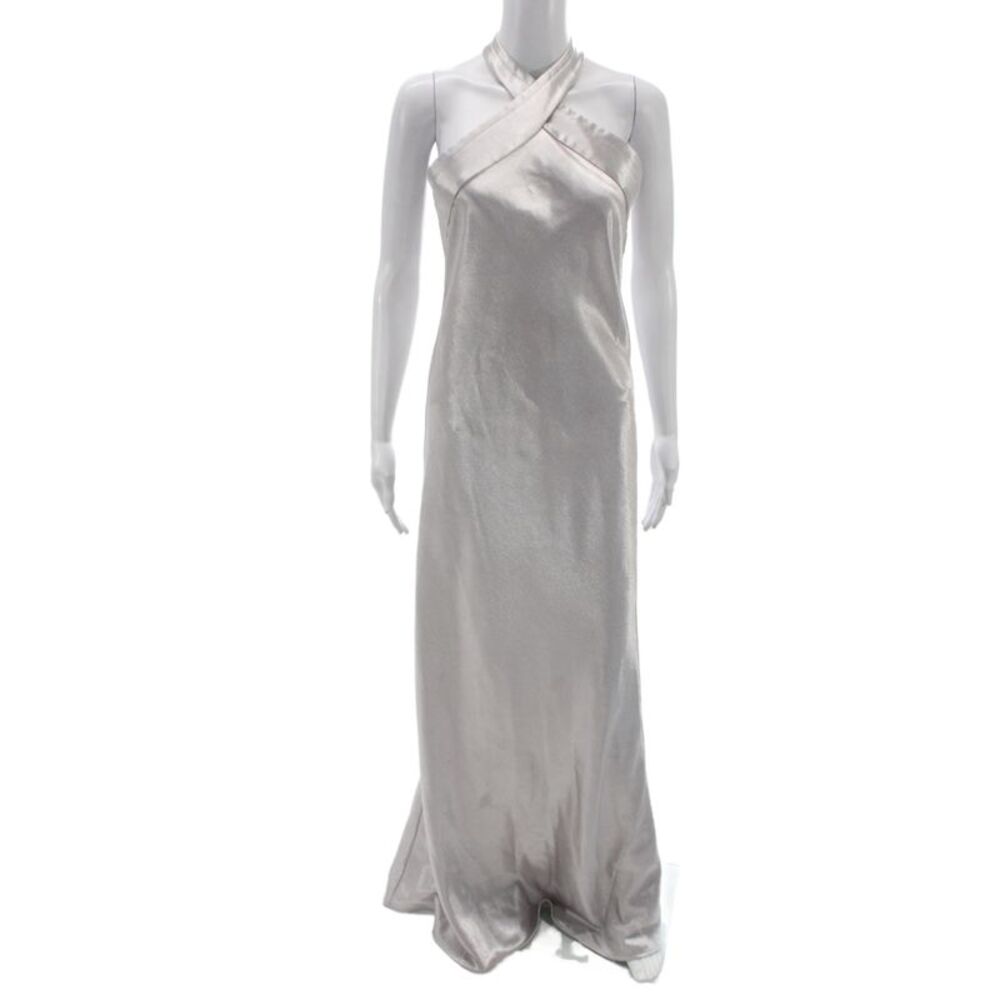 Galvan London Women Silver Halter Maxi Dress Zip Mid-Calf Polyester Size 6